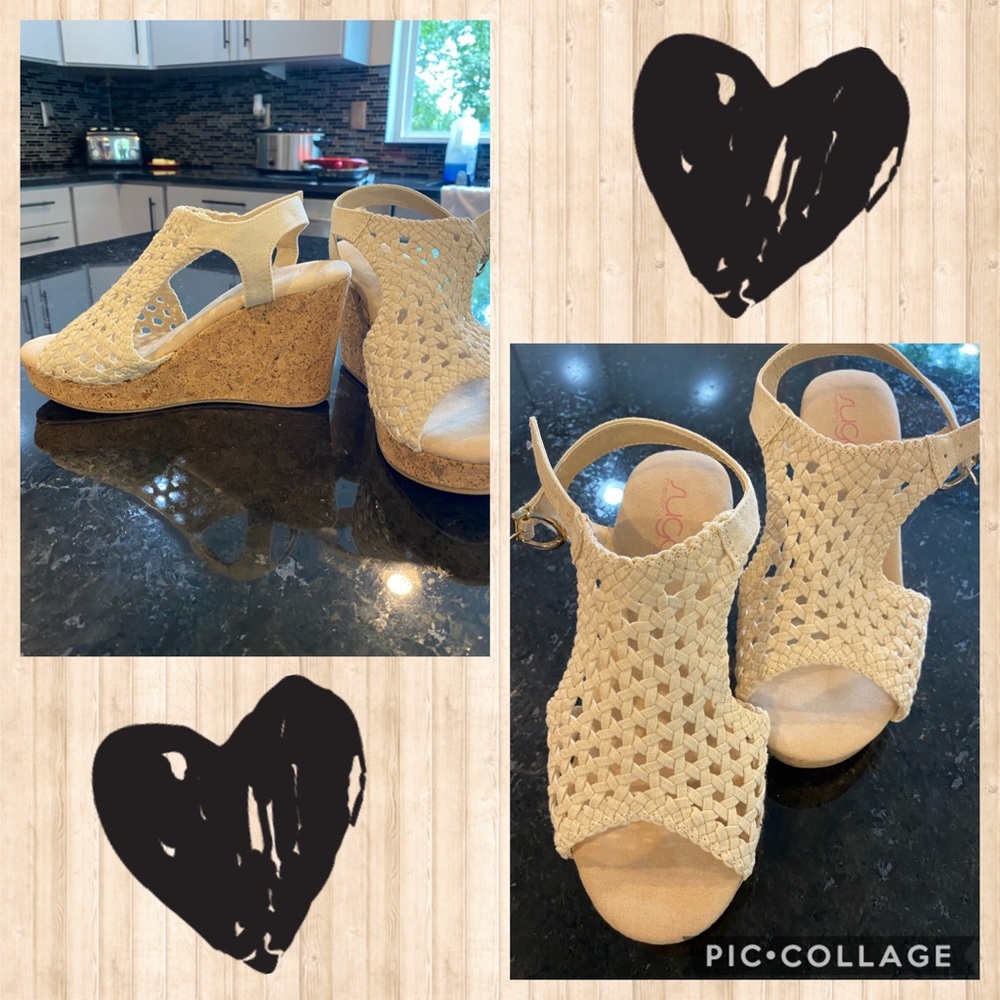 Sugar Jolie Natural Crochet Wedge Sandals (NWT)